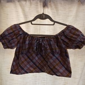 Plaid Linen Puff Sleeve Top